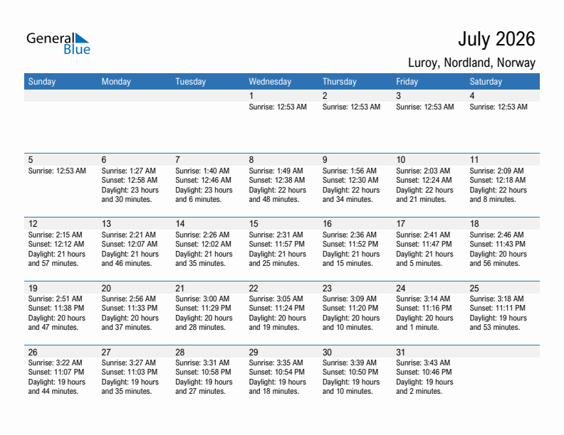 Luroy July 2026 sunrise and sunset calendar in PDF, Excel, and Word