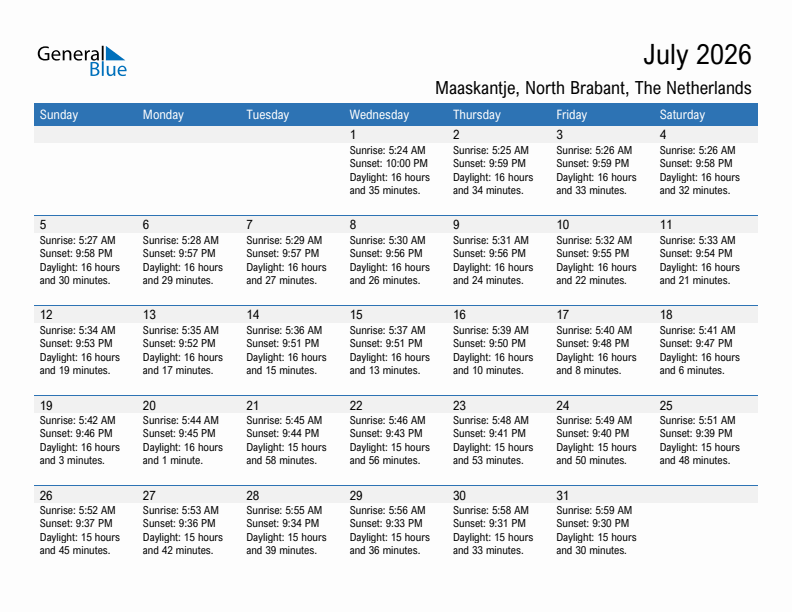 Maaskantje July 2026 sunrise and sunset calendar in PDF, Excel, and Word