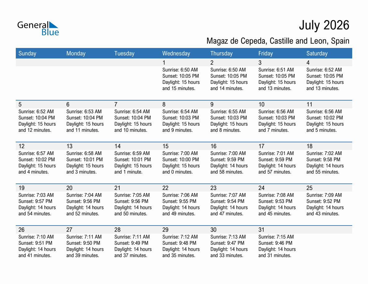 July 2026 sunrise and sunset calendar for Magaz de Cepeda