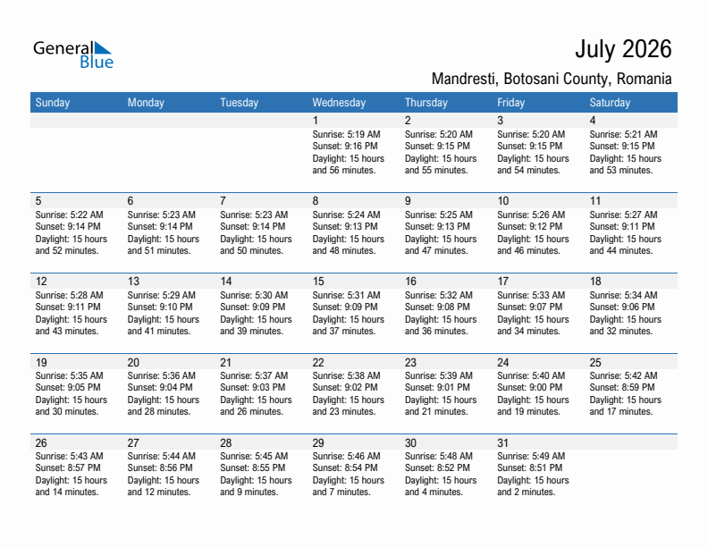 Mandresti July 2026 sunrise and sunset calendar in PDF, Excel, and Word