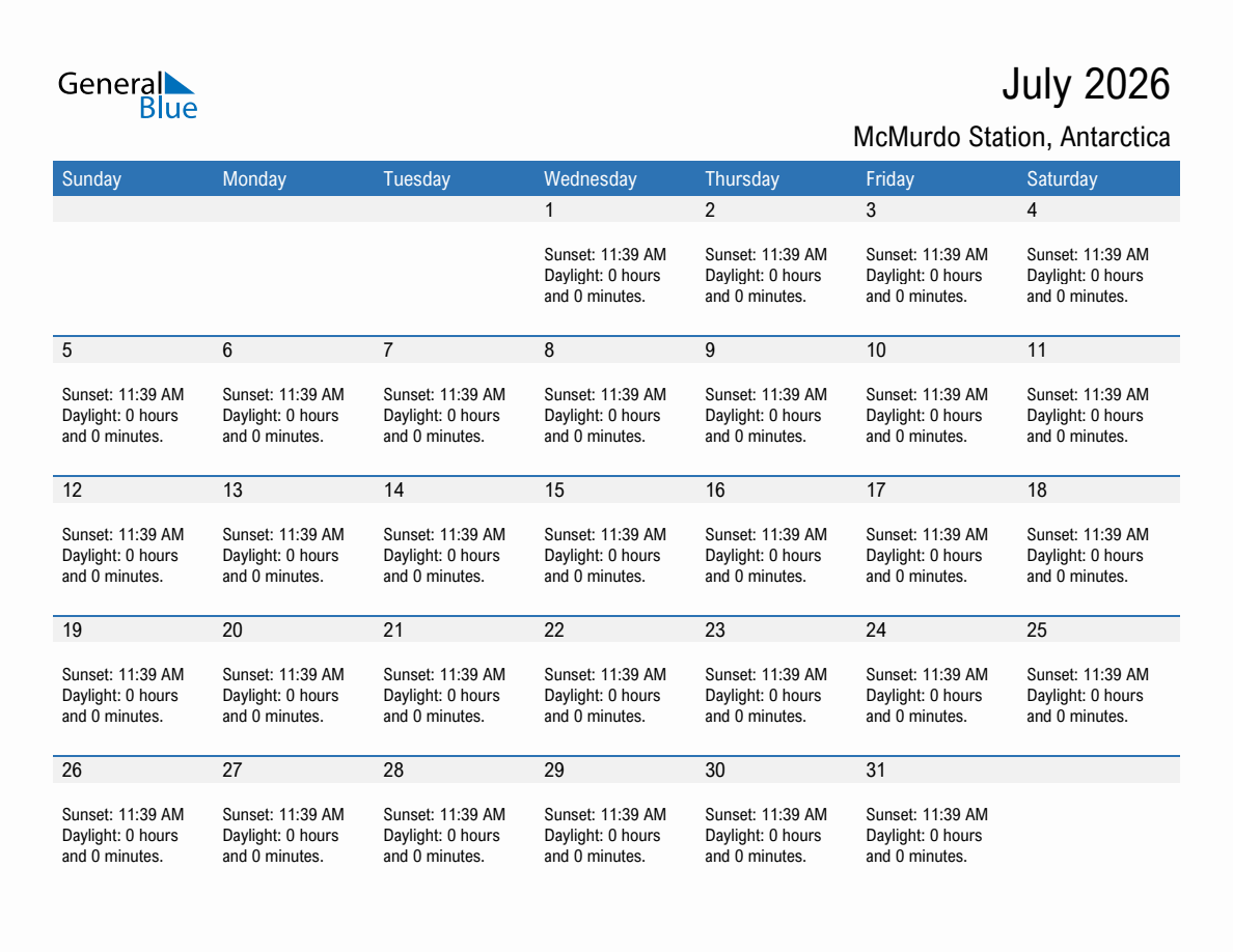 July 2026 sunrise and sunset calendar for McMurdo Station