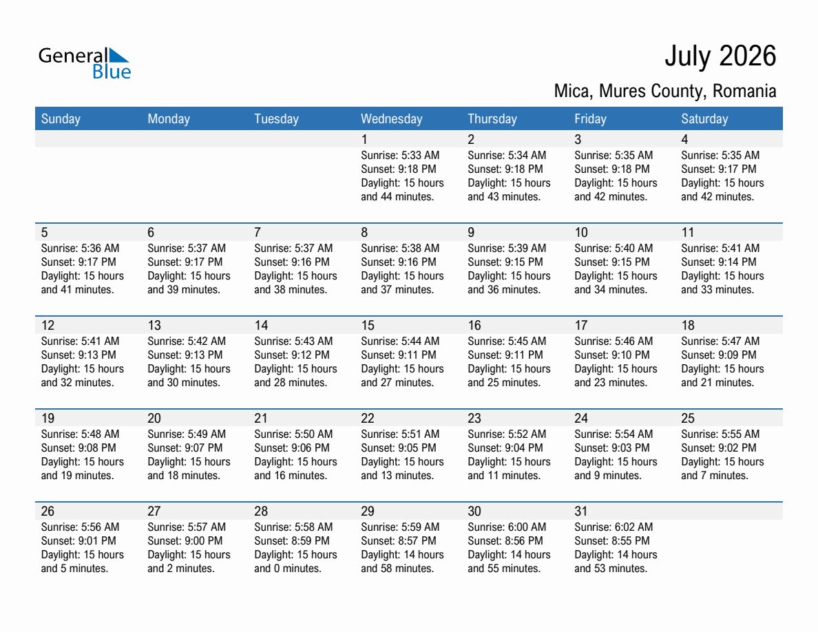July 2026 sunrise and sunset calendar for Mica