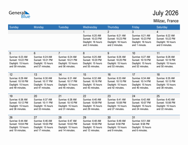 Milizac July 2026 sunrise and sunset calendar in PDF, Excel, and Word