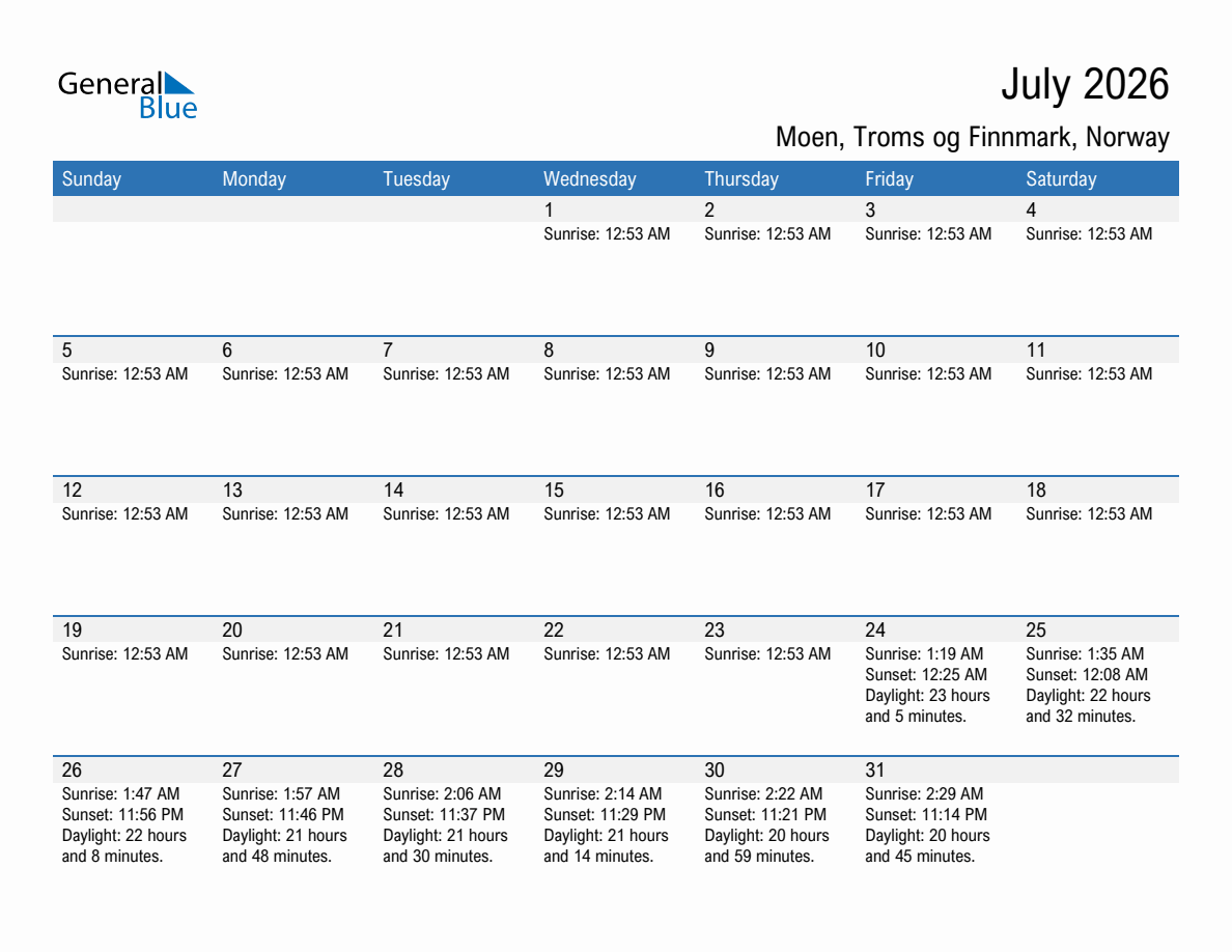 July 2026 sunrise and sunset calendar for Moen