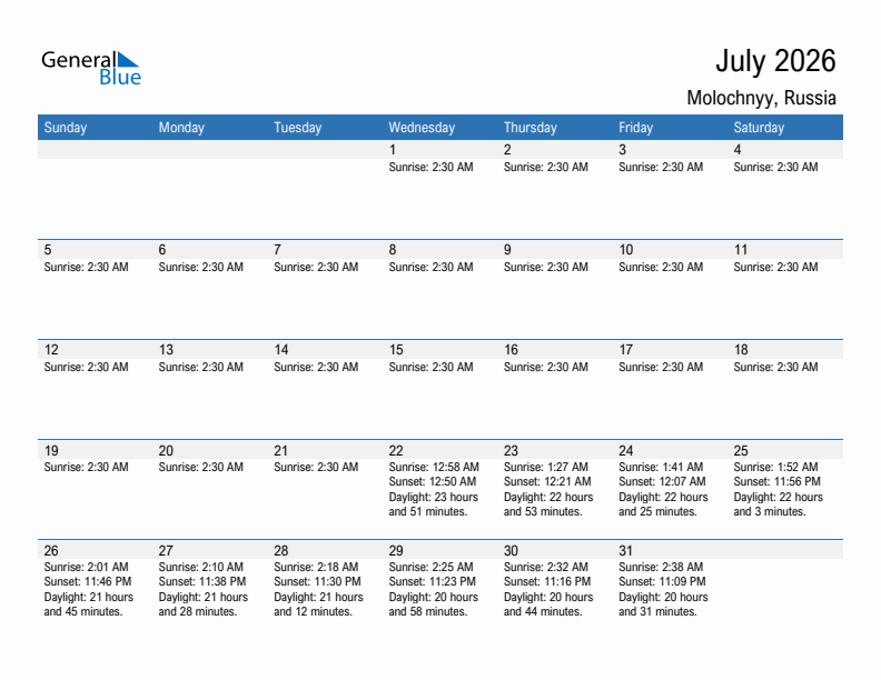 Molochnyy July 2026 sunrise and sunset calendar in PDF, Excel, and Word