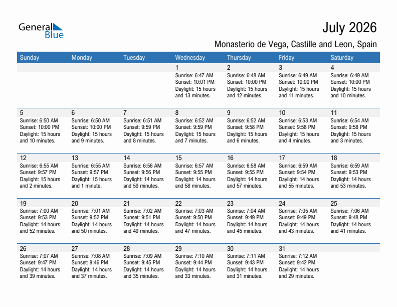 Monasterio de Vega July 2026 sunrise and sunset calendar in PDF, Excel, and Word