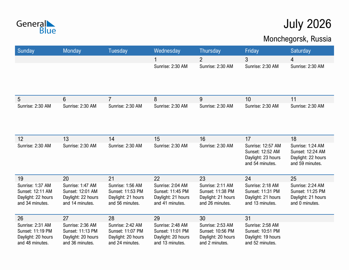 July 2026 sunrise and sunset calendar for Monchegorsk