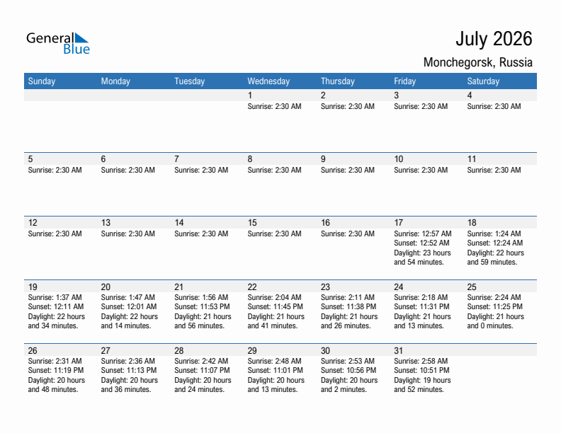 Monchegorsk July 2026 sunrise and sunset calendar in PDF, Excel, and Word