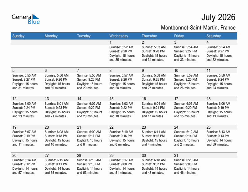 Montbonnot-Saint-Martin July 2026 sunrise and sunset calendar in PDF, Excel, and Word