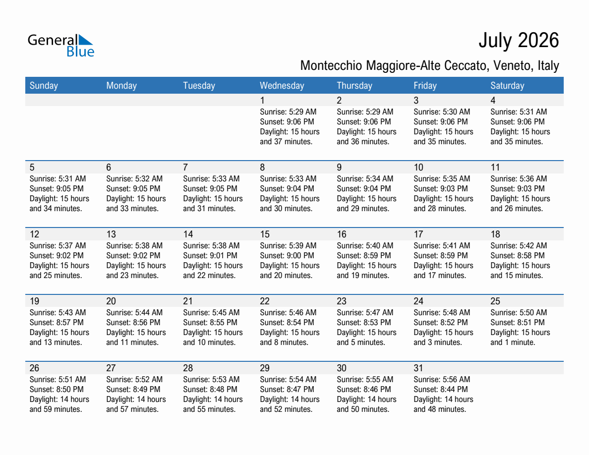 July 2026 sunrise and sunset calendar for Montecchio Maggiore-Alte Ceccato