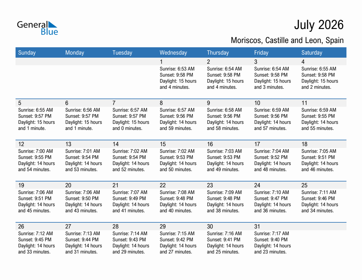 July 2026 sunrise and sunset calendar for Moriscos