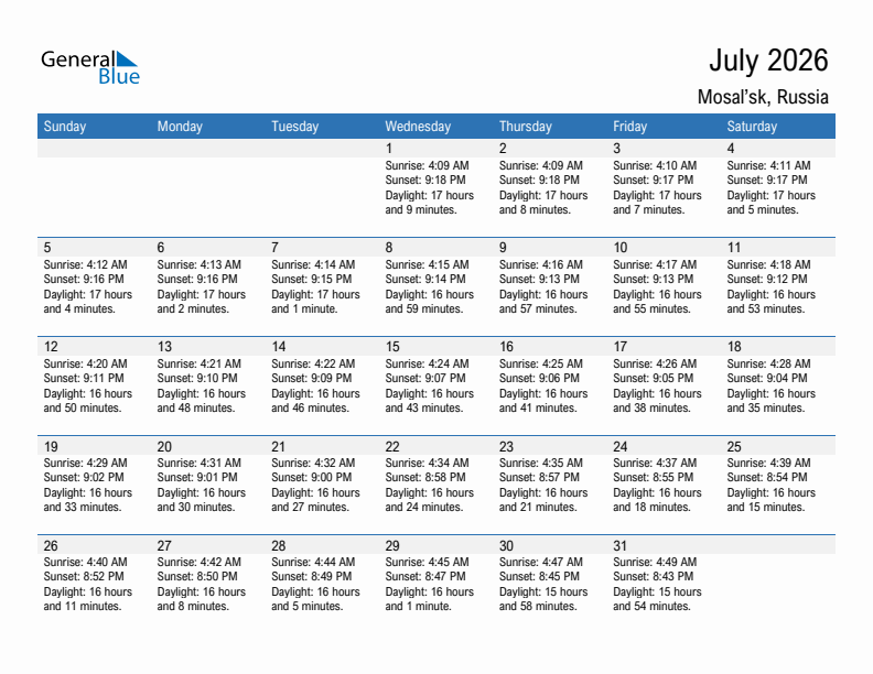 Mosal'sk July 2026 sunrise and sunset calendar in PDF, Excel, and Word