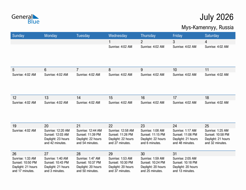 Mys-Kamennyy July 2026 sunrise and sunset calendar in PDF, Excel, and Word