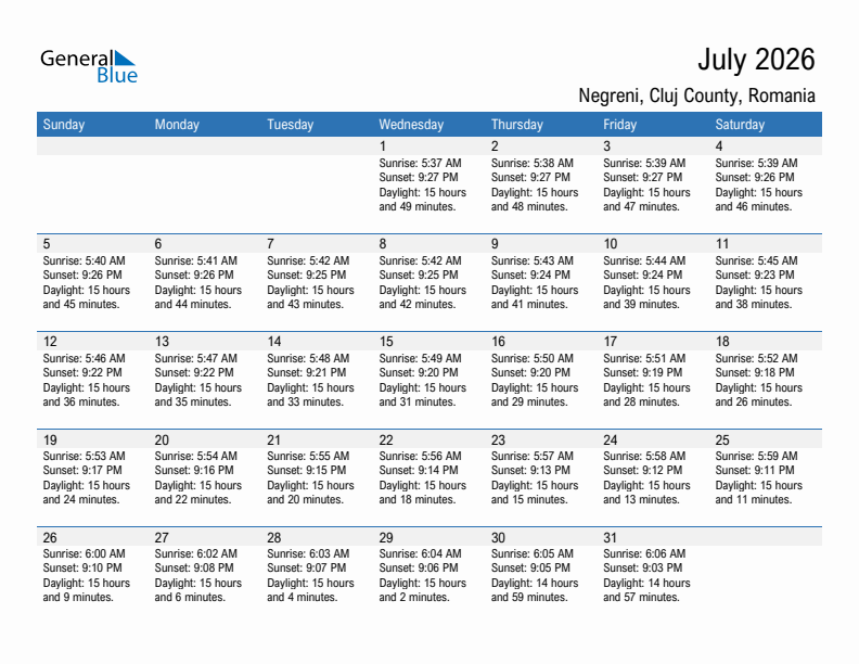 Negreni July 2026 sunrise and sunset calendar in PDF, Excel, and Word