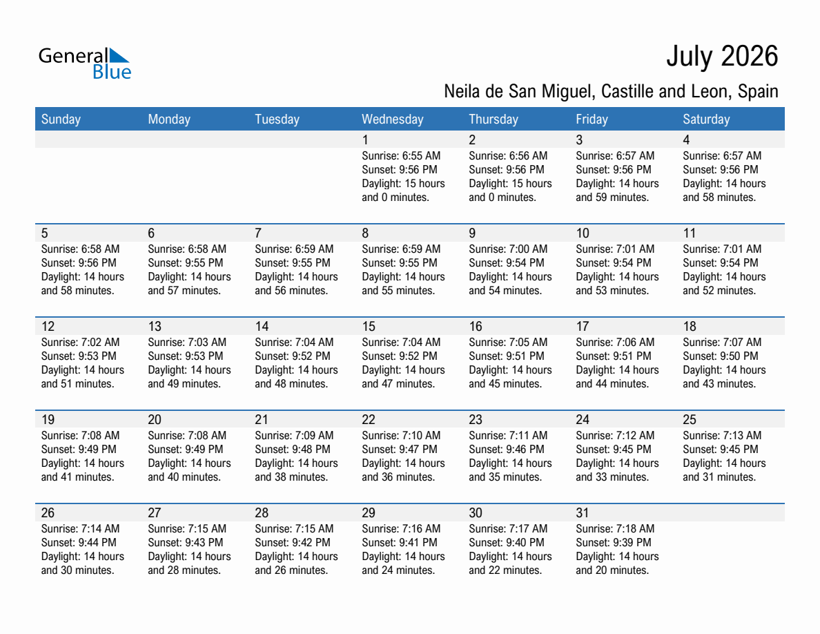 July 2026 sunrise and sunset calendar for Neila de San Miguel