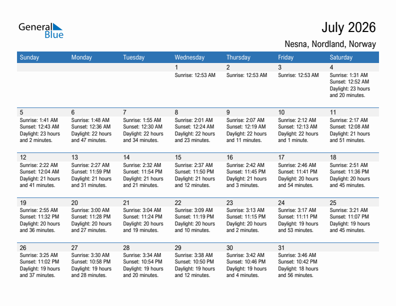 Nesna July 2026 sunrise and sunset calendar in PDF, Excel, and Word