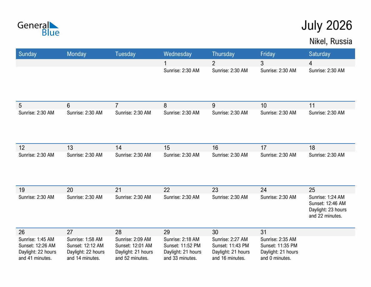 July 2026 sunrise and sunset calendar for Nikel