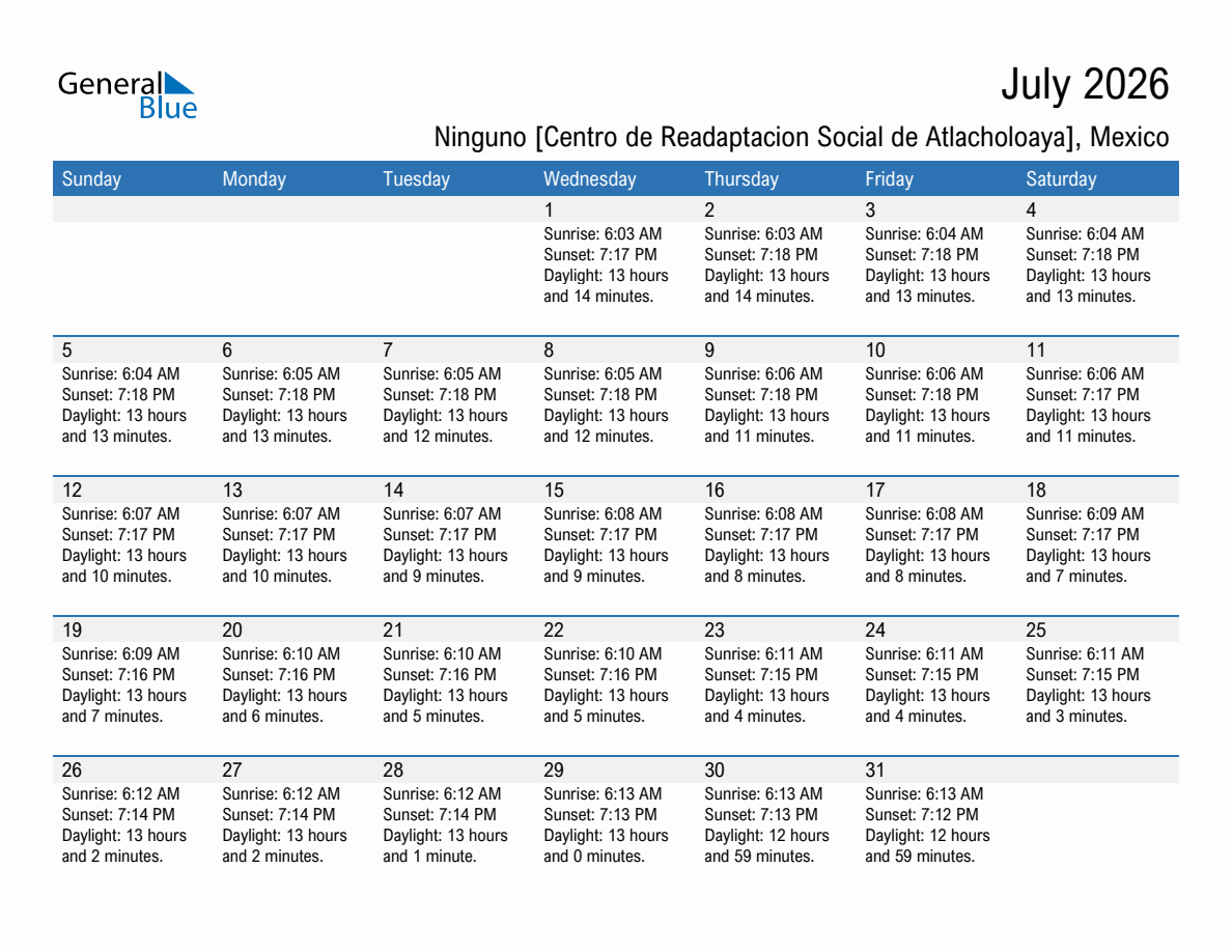 July 2026 sunrise and sunset calendar for Ninguno [Centro de Readaptacion Social de Atlacholoaya]