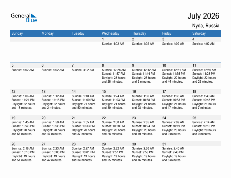 Nyda July 2026 sunrise and sunset calendar in PDF, Excel, and Word
