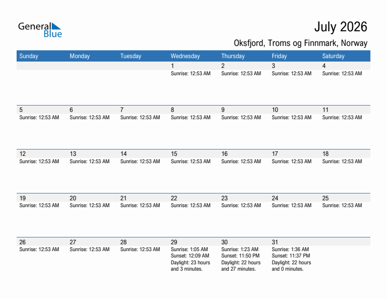 Oksfjord July 2026 sunrise and sunset calendar in PDF, Excel, and Word