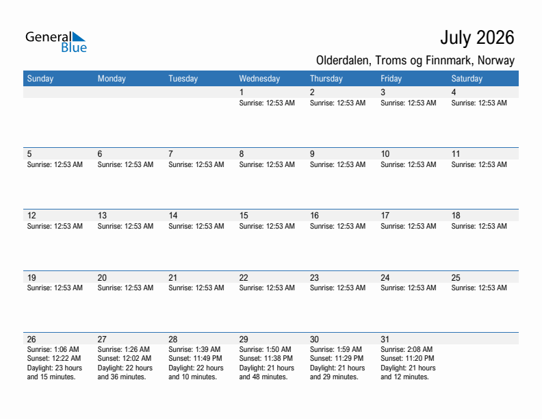 Olderdalen July 2026 sunrise and sunset calendar in PDF, Excel, and Word