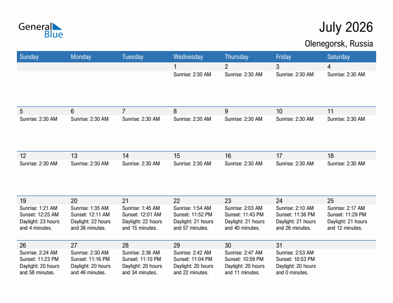 Olenegorsk July 2026 sunrise and sunset calendar in PDF, Excel, and Word