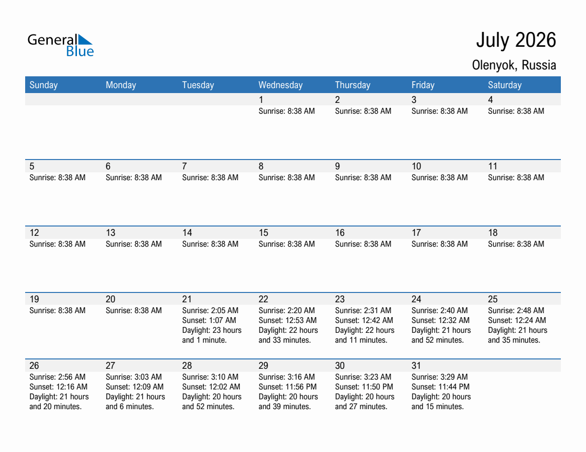 July 2026 sunrise and sunset calendar for Olenyok