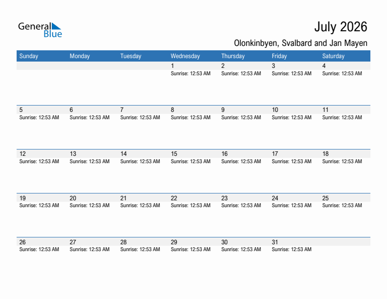 Olonkinbyen July 2026 sunrise and sunset calendar in PDF, Excel, and Word