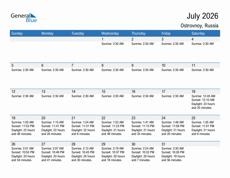 Ostrovnoy July 2026 sunrise and sunset calendar in PDF, Excel, and Word