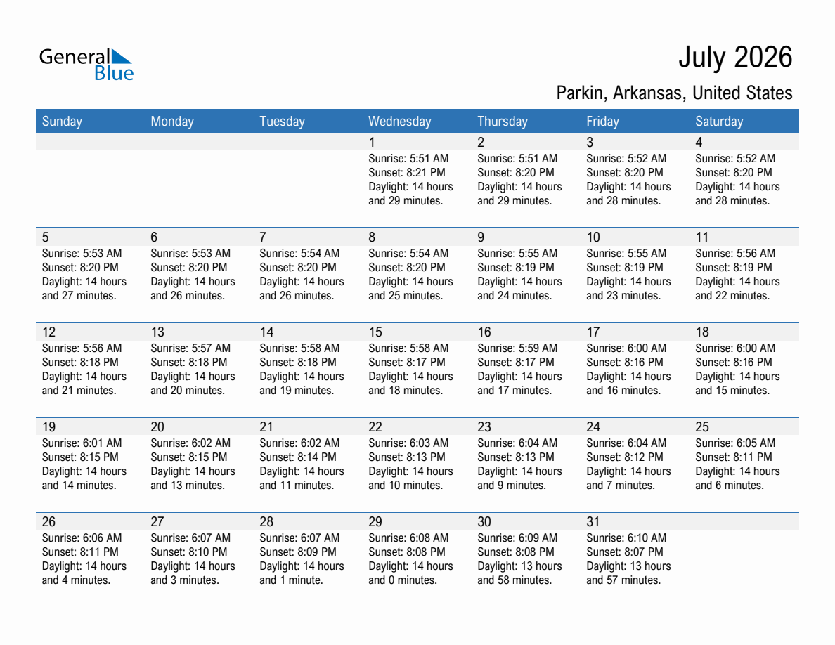 July 2026 sunrise and sunset calendar for Parkin