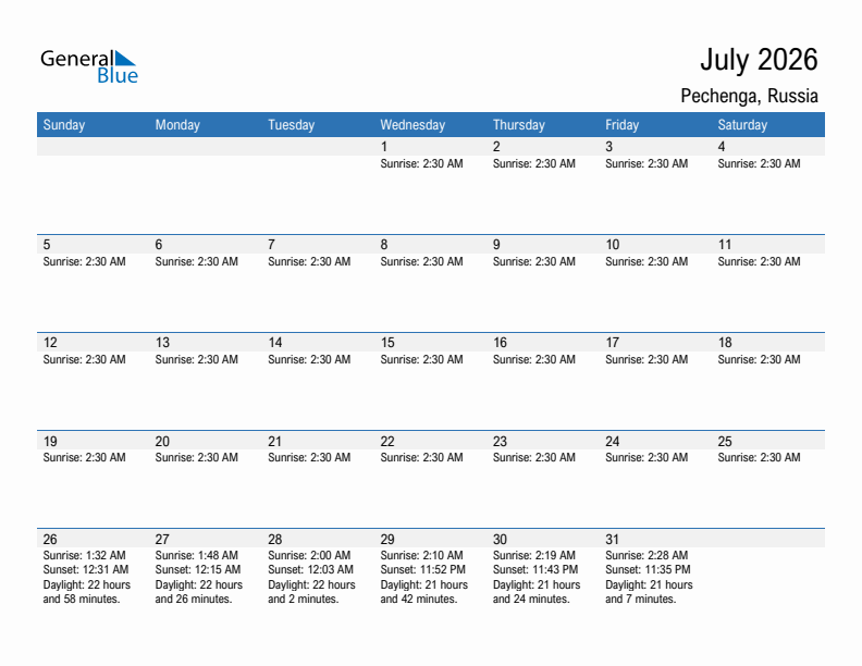 Pechenga July 2026 sunrise and sunset calendar in PDF, Excel, and Word