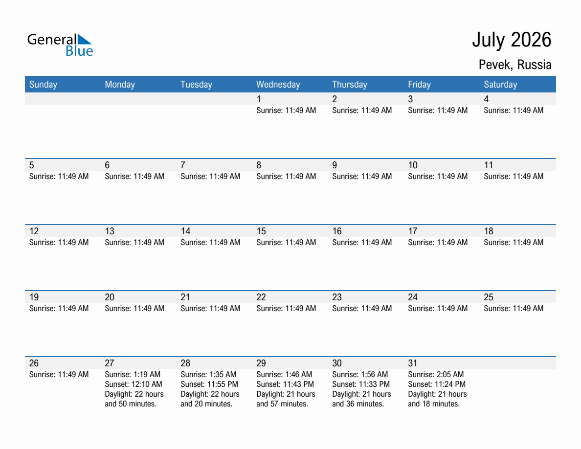 July 2026 sunrise and sunset calendar for Pevek