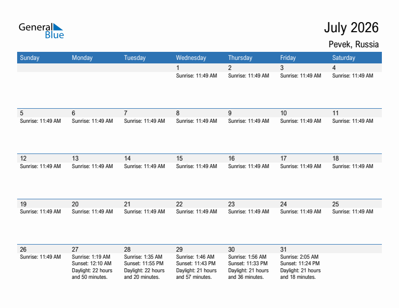 Pevek July 2026 sunrise and sunset calendar in PDF, Excel, and Word