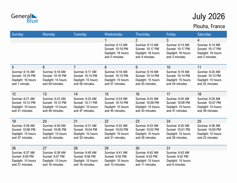Plouha July 2026 sunrise and sunset calendar in PDF, Excel, and Word