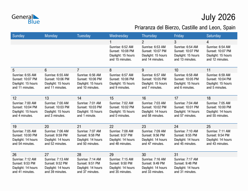 Priaranza del Bierzo July 2026 sunrise and sunset calendar in PDF, Excel, and Word