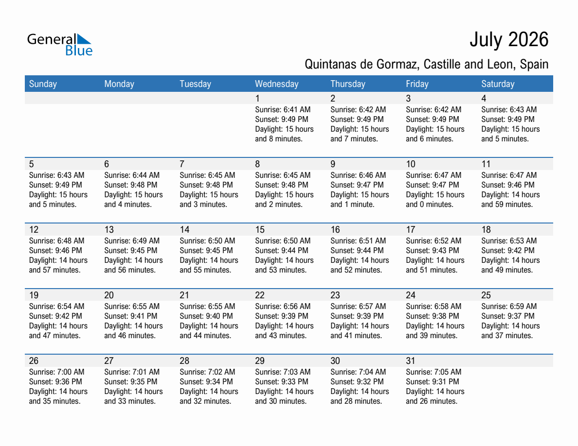 July 2026 sunrise and sunset calendar for Quintanas de Gormaz