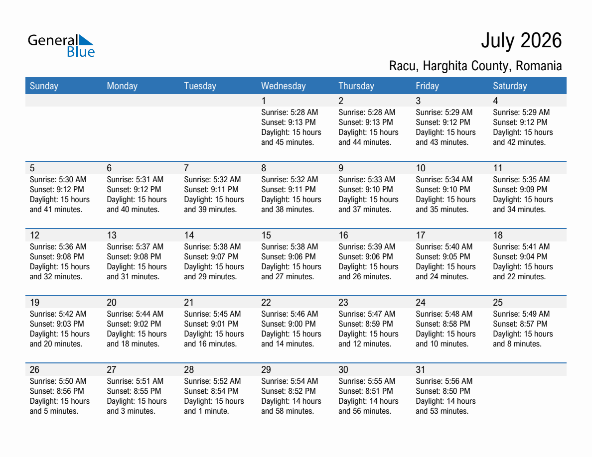 July 2026 sunrise and sunset calendar for Racu