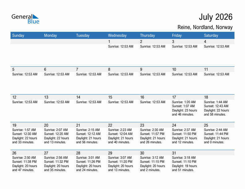 Reine July 2026 sunrise and sunset calendar in PDF, Excel, and Word