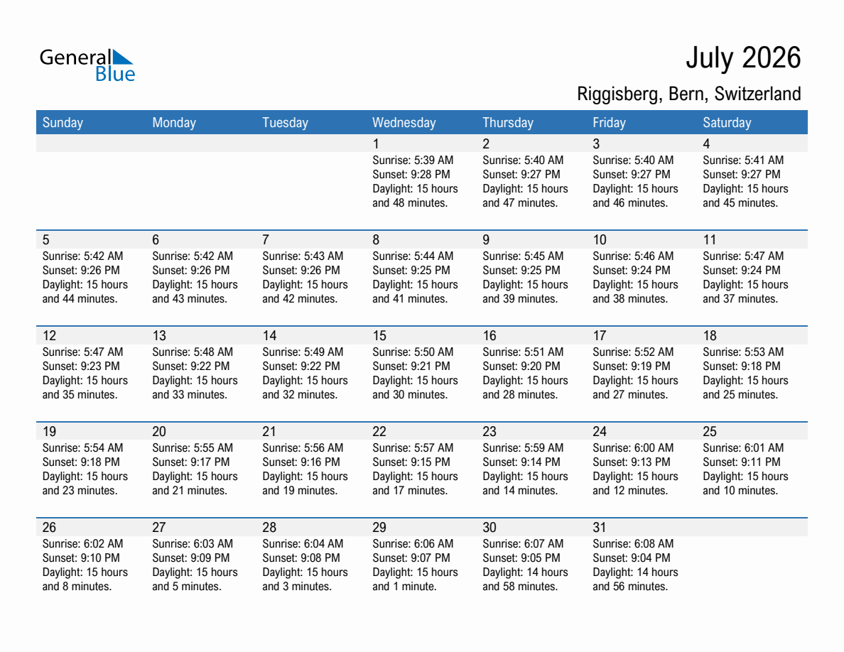 July 2026 sunrise and sunset calendar for Riggisberg