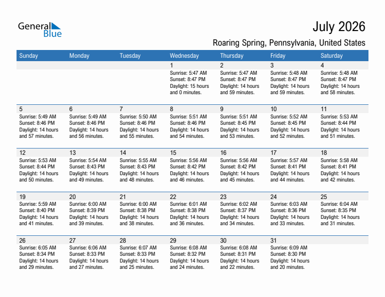 Roaring Spring July 2026 sunrise and sunset calendar in PDF, Excel, and Word