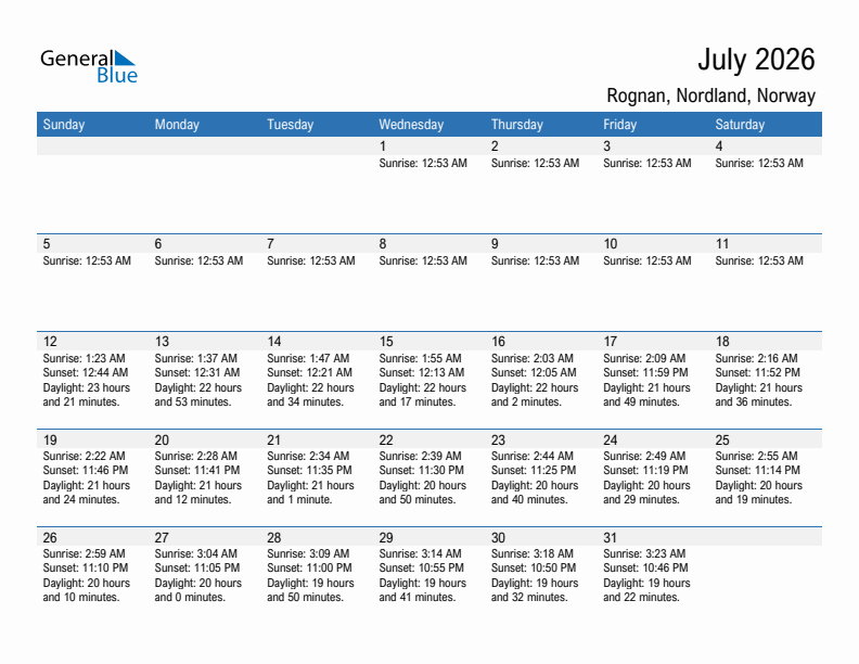 Rognan July 2026 sunrise and sunset calendar in PDF, Excel, and Word