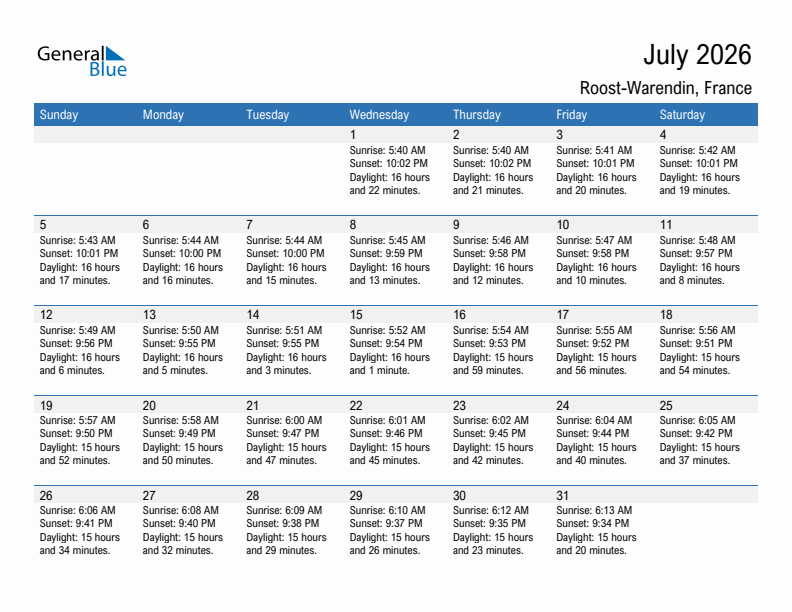 Roost-Warendin July 2026 sunrise and sunset calendar in PDF, Excel, and Word