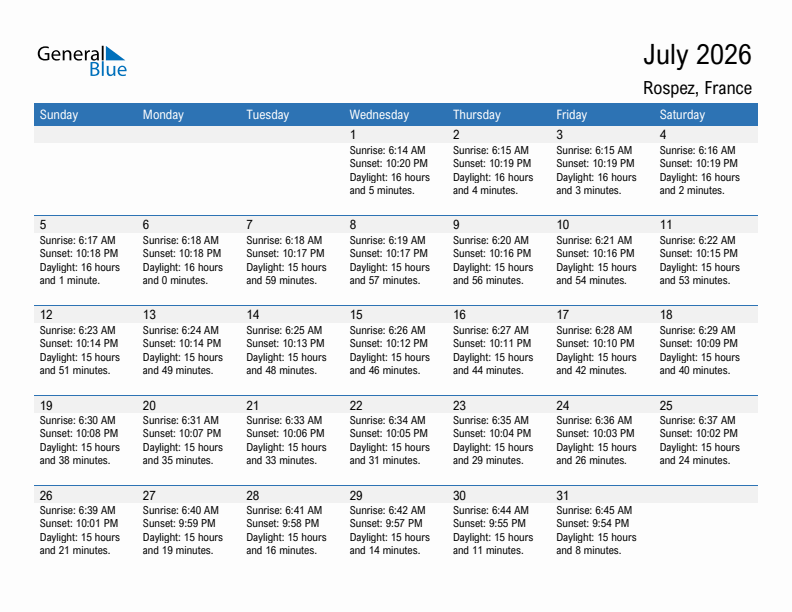 Rospez July 2026 sunrise and sunset calendar in PDF, Excel, and Word