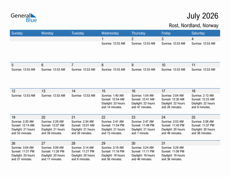 Rost July 2026 sunrise and sunset calendar in PDF, Excel, and Word