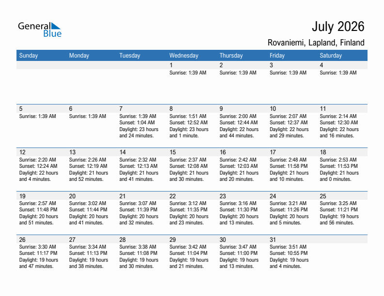 Rovaniemi July 2026 sunrise and sunset calendar in PDF, Excel, and Word