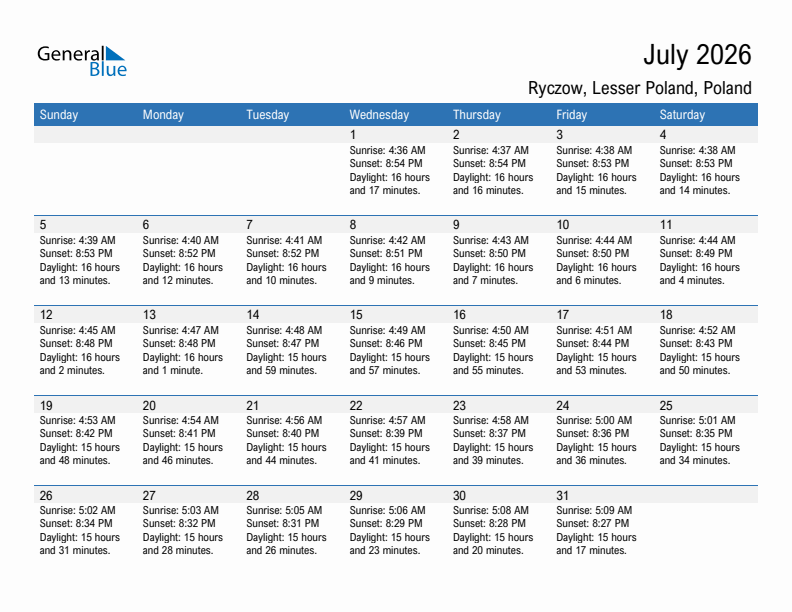 Ryczow July 2026 sunrise and sunset calendar in PDF, Excel, and Word