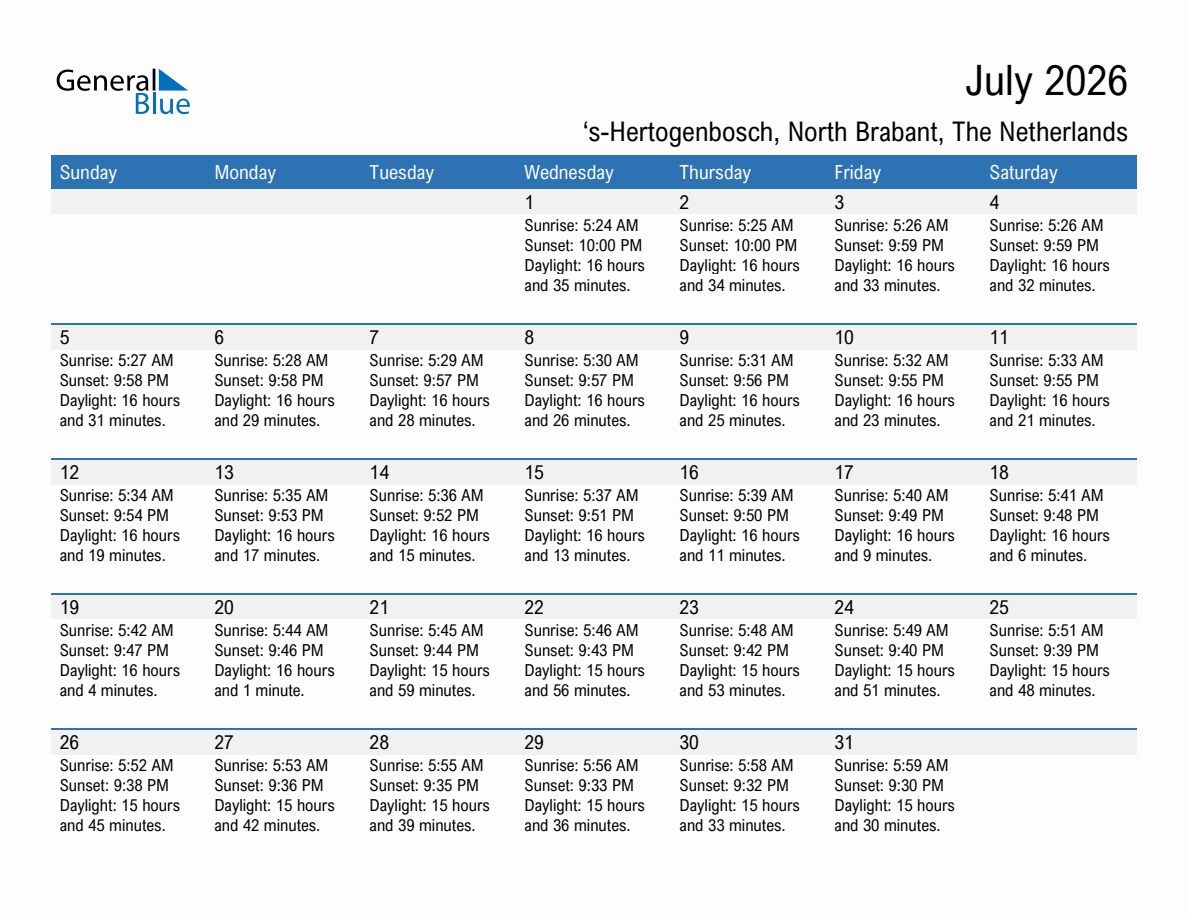 July 2026 sunrise and sunset calendar for 's-Hertogenbosch