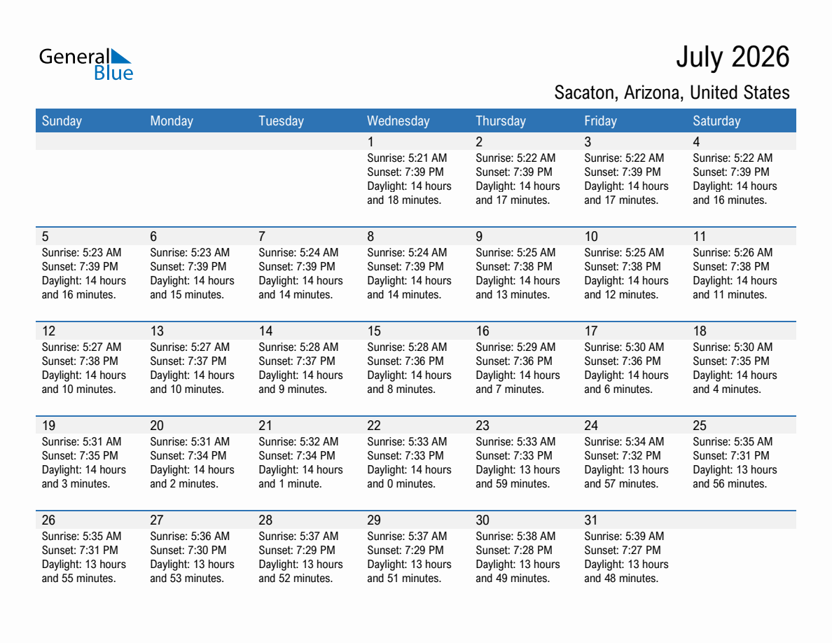 July 2026 sunrise and sunset calendar for Sacaton