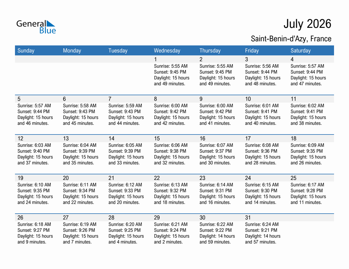 July 2026 sunrise and sunset calendar for Saint-Benin-d'Azy
