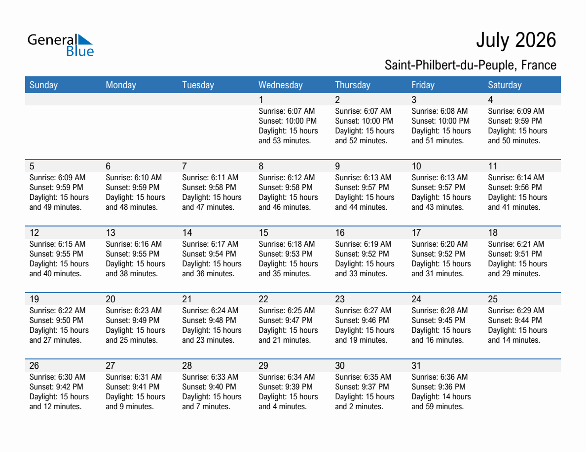 July 2026 sunrise and sunset calendar for Saint-Philbert-du-Peuple
